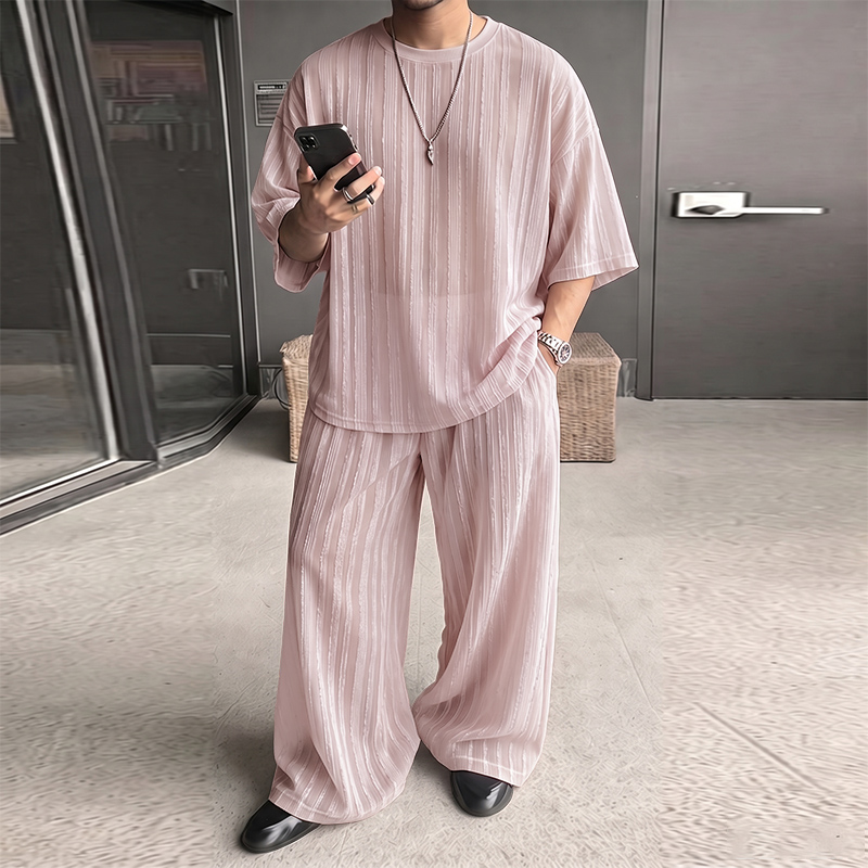Mens Fashion Ideas - INCERUN Herren-Sets Gestreiftes Durchsichtiges Kurzarm-T-Shirt und