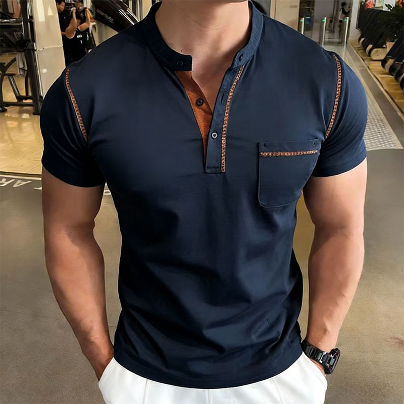 Men'S Fashion Polo - Neues Sommer-Herren-Henley-Kragen-Kurzarm-Golf-Poloshirt mit Persönlichkeits-Taschenstil, Lässiges Atmungsaktives